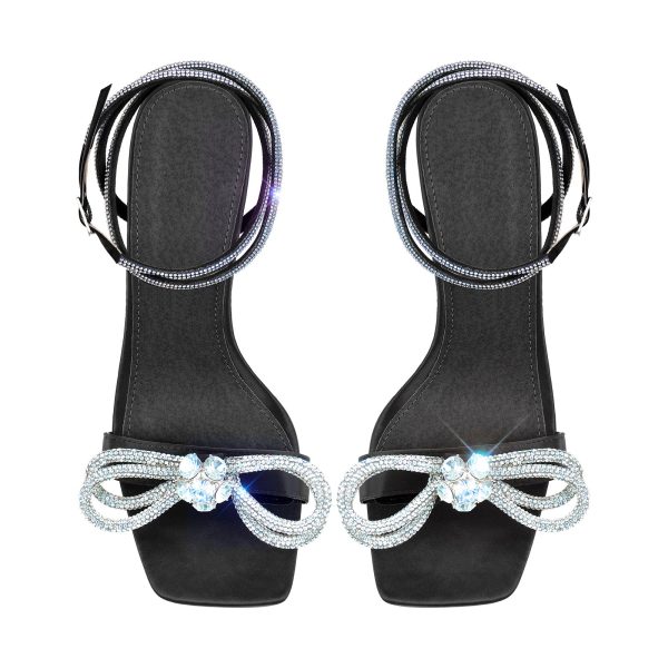 Square Toe Diamante Bow Rhinestone Ankle Strap Sandals - Image 3