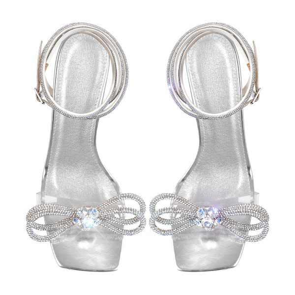 Square Toe Diamante Bow Rhinestone Ankle Strap Sandals - Image 6