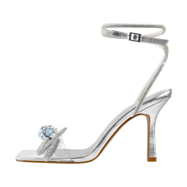 Square Toe Diamante Bow Rhinestone Ankle Strap Sandals - Image 4