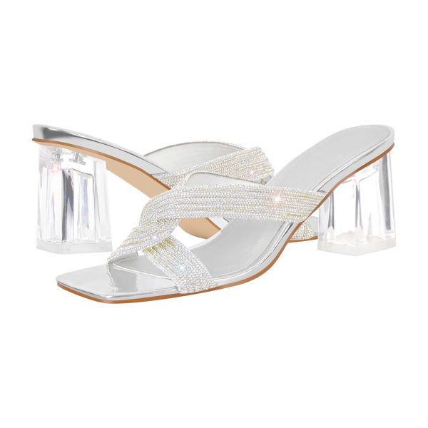 Rhinestone Strap Clear Block Sandals Mules - Image 3