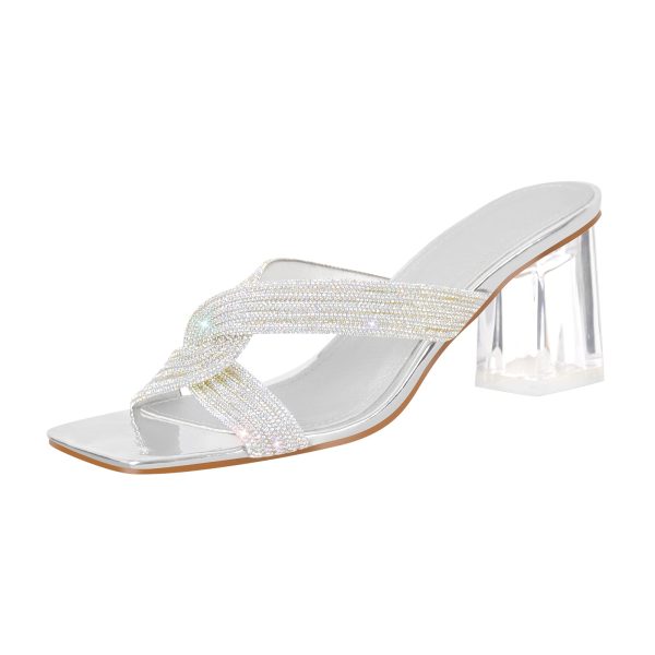 Rhinestone Strap Clear Block Sandals Mules - Image 2