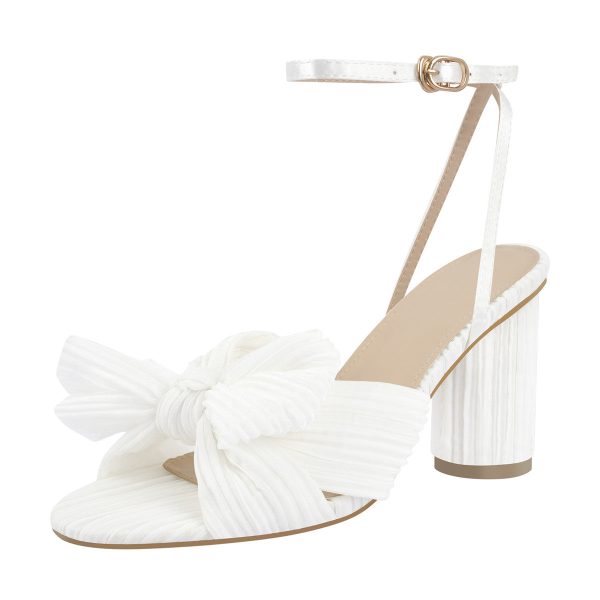 Pleated Bow Cylindrical Chunky Heel Sandals - Image 3