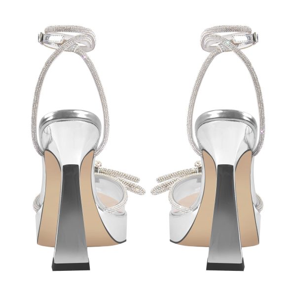 Pointed Toe Platform Rhinestone Bow Block Heel Pumps - Image 3