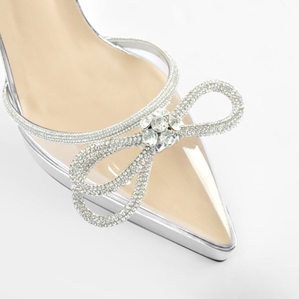 Pointed Toe Platform Rhinestone Bow Block Heel Pumps - Image 4