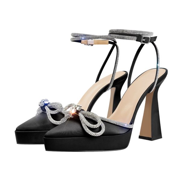 Pointed Toe Platform Rhinestone Bow Block Heel Pumps - Image 5