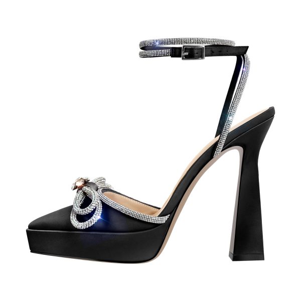 Pointed Toe Platform Rhinestone Bow Block Heel Pumps - Image 6
