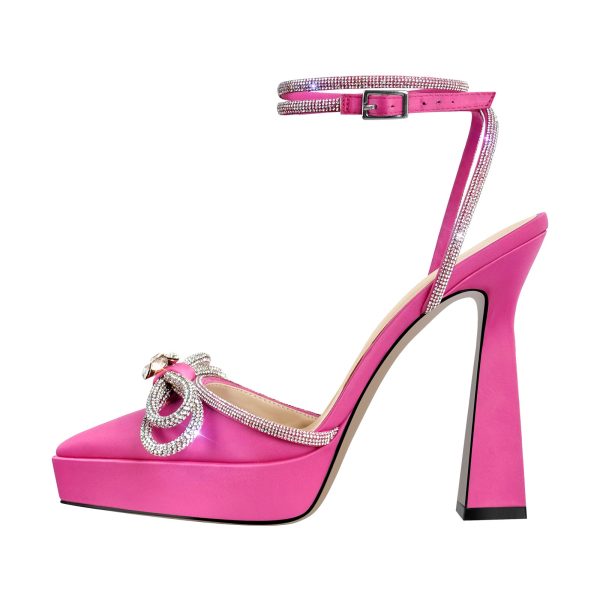 Pointed Toe Platform Rhinestone Bow Block Heel Pumps - Image 9