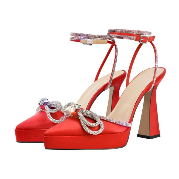 Pointed Toe Platform Rhinestone Bow Block Heel Pumps - Image 14
