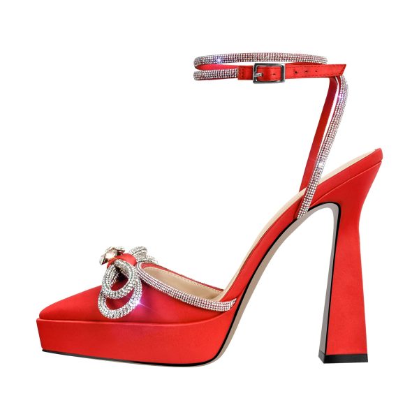 Pointed Toe Platform Rhinestone Bow Block Heel Pumps - Image 12