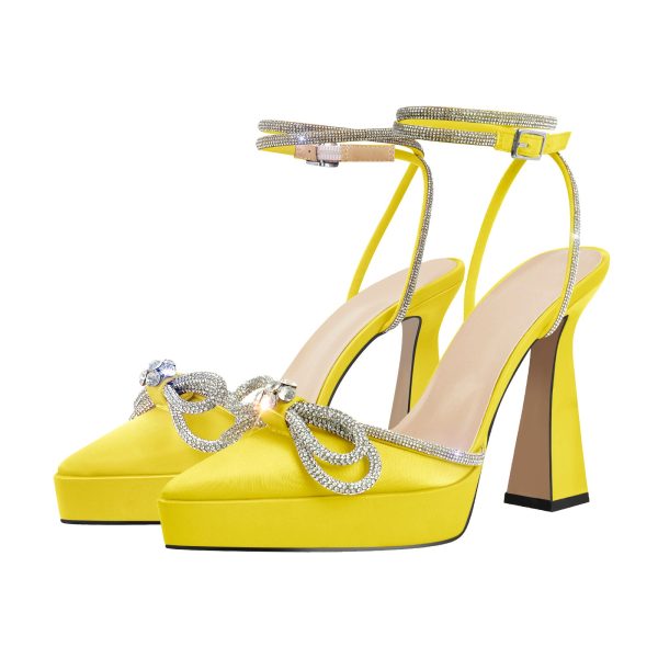 Pointed Toe Platform Rhinestone Bow Block Heel Pumps - Image 17