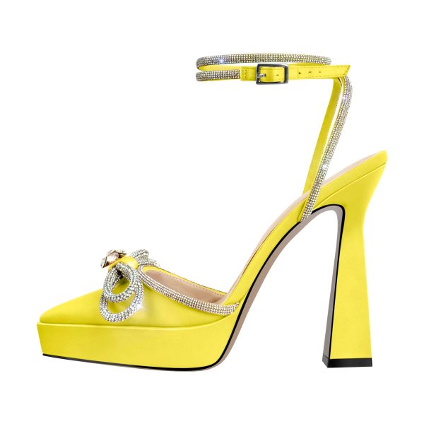 Pointed Toe Platform Rhinestone Bow Block Heel Pumps - Image 15