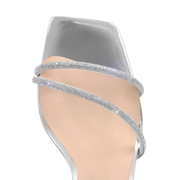 Rhinestone Square Toe Ankle Strap Clear Heel Sandals - Image 6