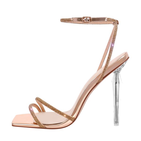 Rhinestone Square Toe Ankle Strap Clear Heel Sandals - Image 7