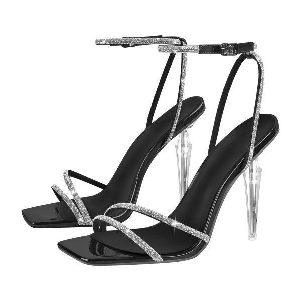 Rhinestone Square Toe Ankle Strap Clear Heel Sandals - Image 11