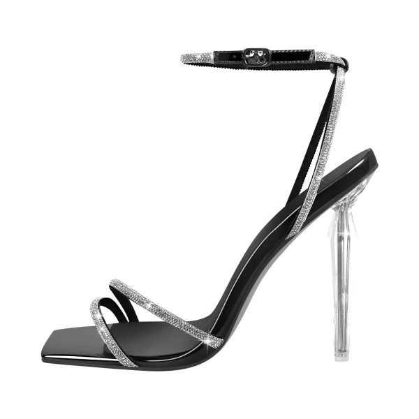 Rhinestone Square Toe Ankle Strap Clear Heel Sandals - Image 12