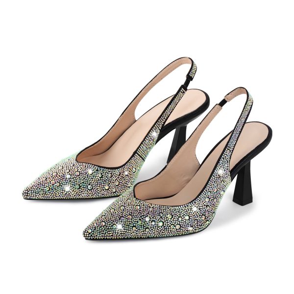 Pointed Toe Rhinestone Kitten Heel Slingback Pumps - Image 2