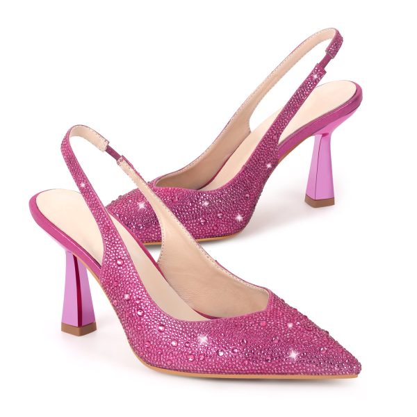 Pointed Toe Rhinestone Kitten Heel Slingback Pumps - Image 10