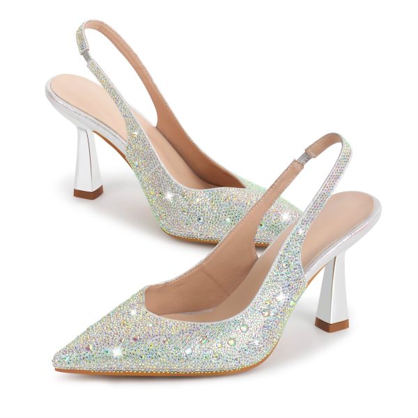 Pointed Toe Rhinestone Kitten Heel Slingback Pumps - Image 6