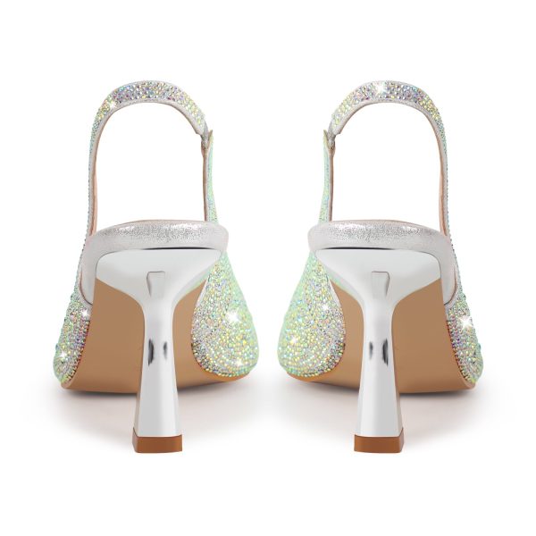 Pointed Toe Rhinestone Kitten Heel Slingback Pumps - Image 7