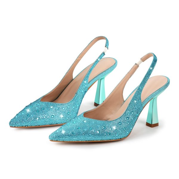 Pointed Toe Rhinestone Kitten Heel Slingback Pumps - Image 13