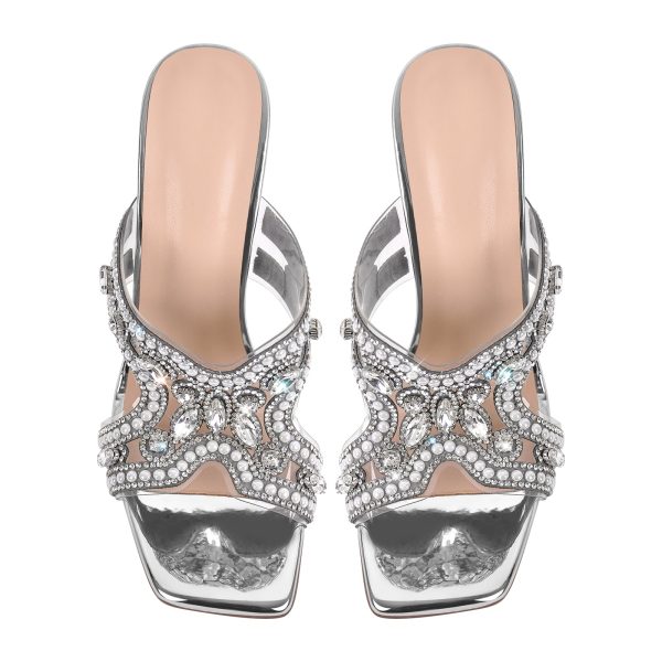 Pearl Rhinestone Square Toe Chunky Heel Sandals - Image 3