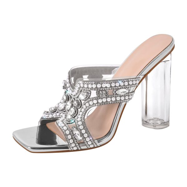 Pearl Rhinestone Square Toe Chunky Heel Sandals - Image 2