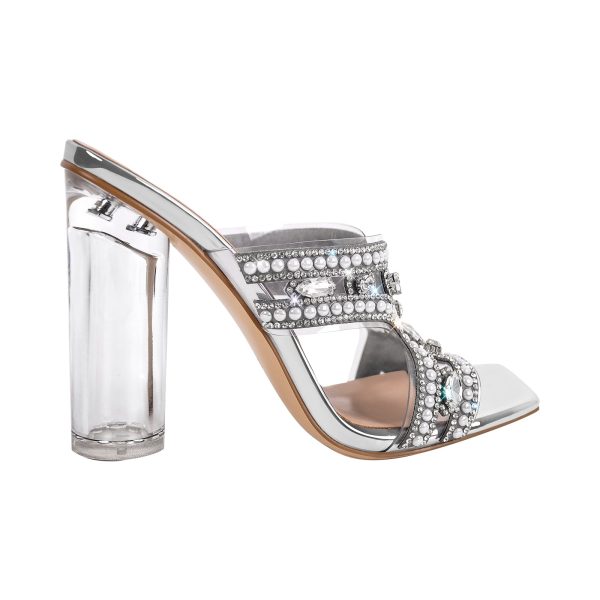 Pearl Rhinestone Square Toe Chunky Heel Sandals - Image 4