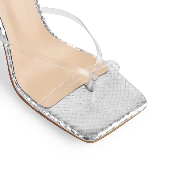 Silver Square Toe Metal Chain Tapered Heel Sandals - Image 4