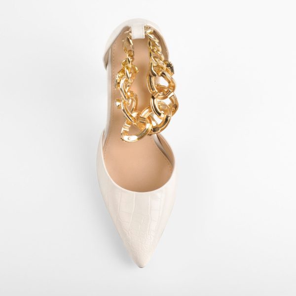 Stone White Pointed Toe Metal Chain Clear Stiletto Pumps - Image 2
