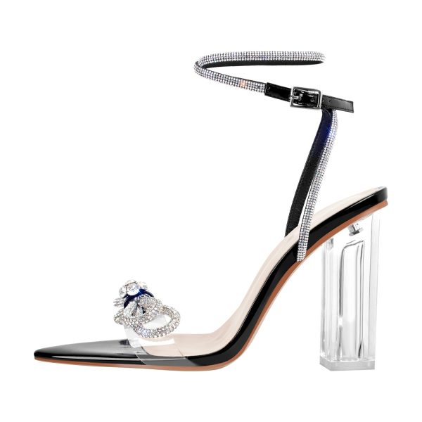 Rhinestone Bow Clear Chunky Heel Sandals - Image 3