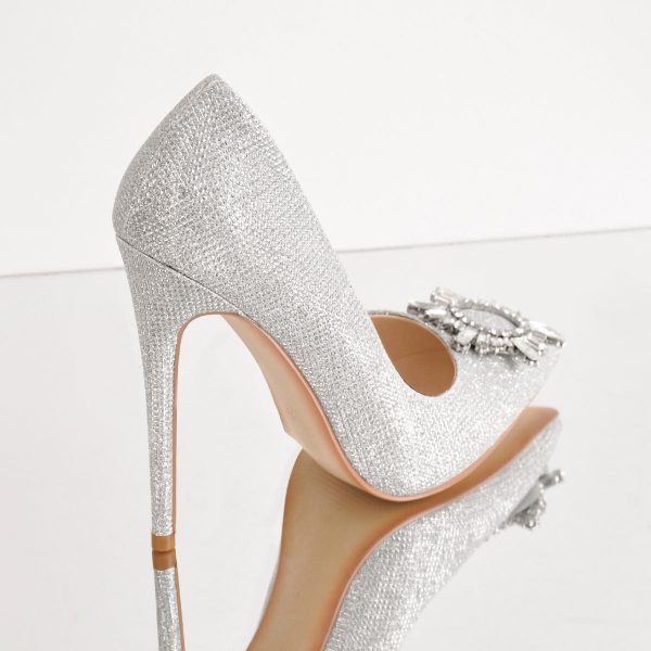 Silver Diamante Buckle Pointed Toe High Heel Pumps - Image 3