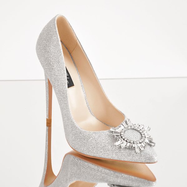 Silver Diamante Buckle Pointed Toe High Heel Pumps - Image 2