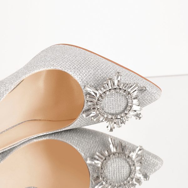 Silver Diamante Buckle Pointed Toe High Heel Pumps - Image 5
