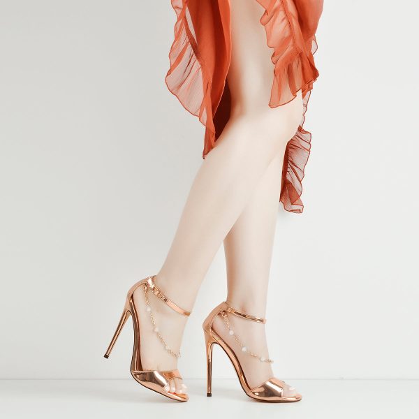 Pearl Metal Chain Ankle Strap Open Toe Sandals - Image 2
