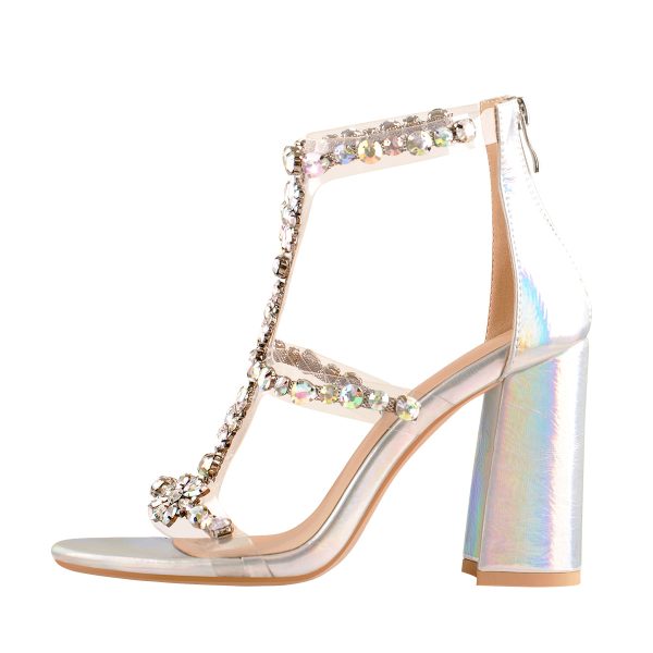 Open Toe Gem Rhinestone Transparent Strap Chunky Heel Sandals - Image 2