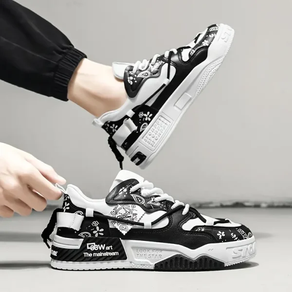 Retro Low-Top Casual - Black & White Contrast Canvas & Lace-Up Shoes with Non-Slip PVC Sole - Image 2